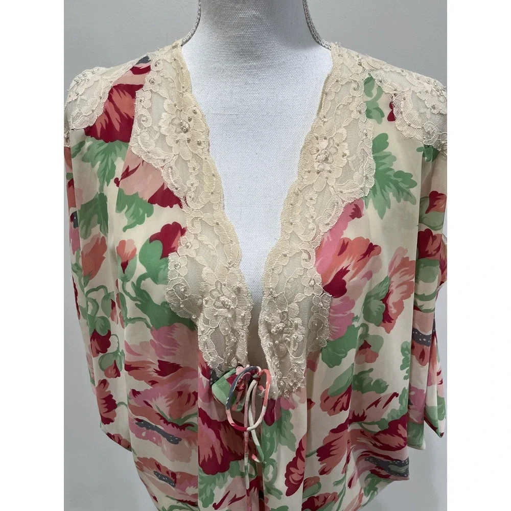 Vtg Victoria's Secret Kimono Pant Set Sz S Oversized‎ Gold Label Floral Sheer
